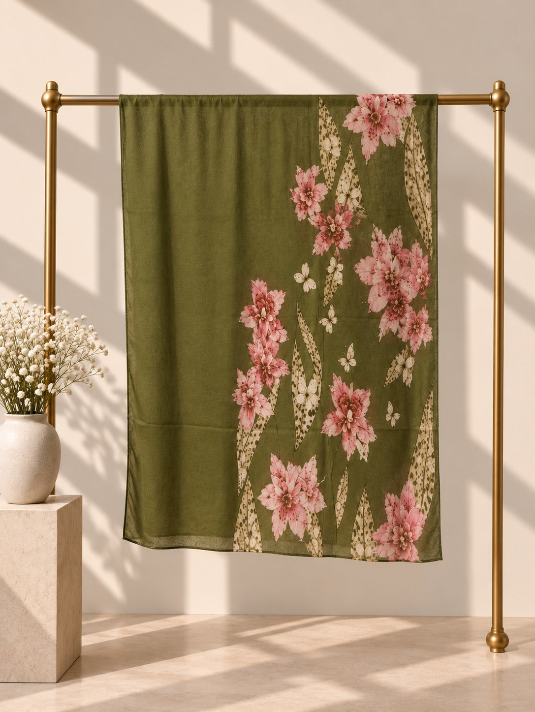 Olive Blossom olive green floral hijab with pink blossoms