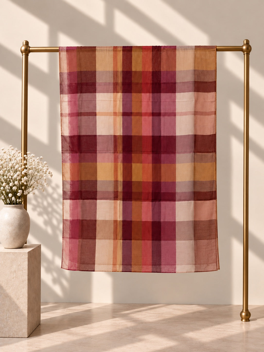 Autumn Rose multicolor plaid hijab in burgundy rose and amber